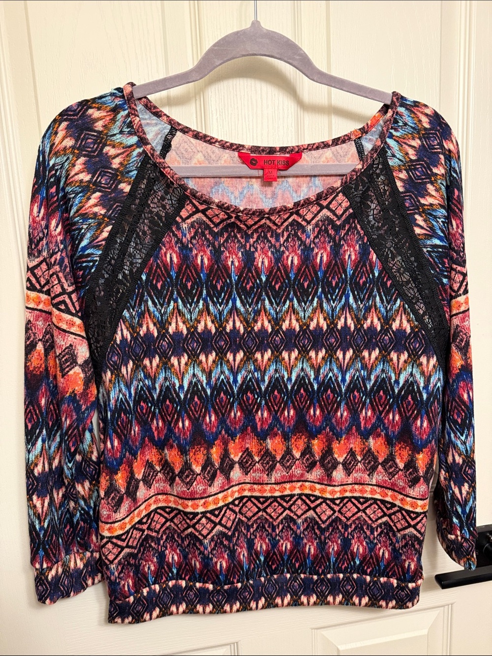 Hot Kiss Multicolor Aztec-Pattern 3/4 Sleeve Top with Black Lace Accents